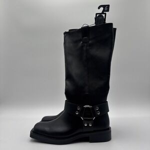 Time And Tru Tall Buckle Moto Boots Women's 6 Black Biker Square Toe NWT Read